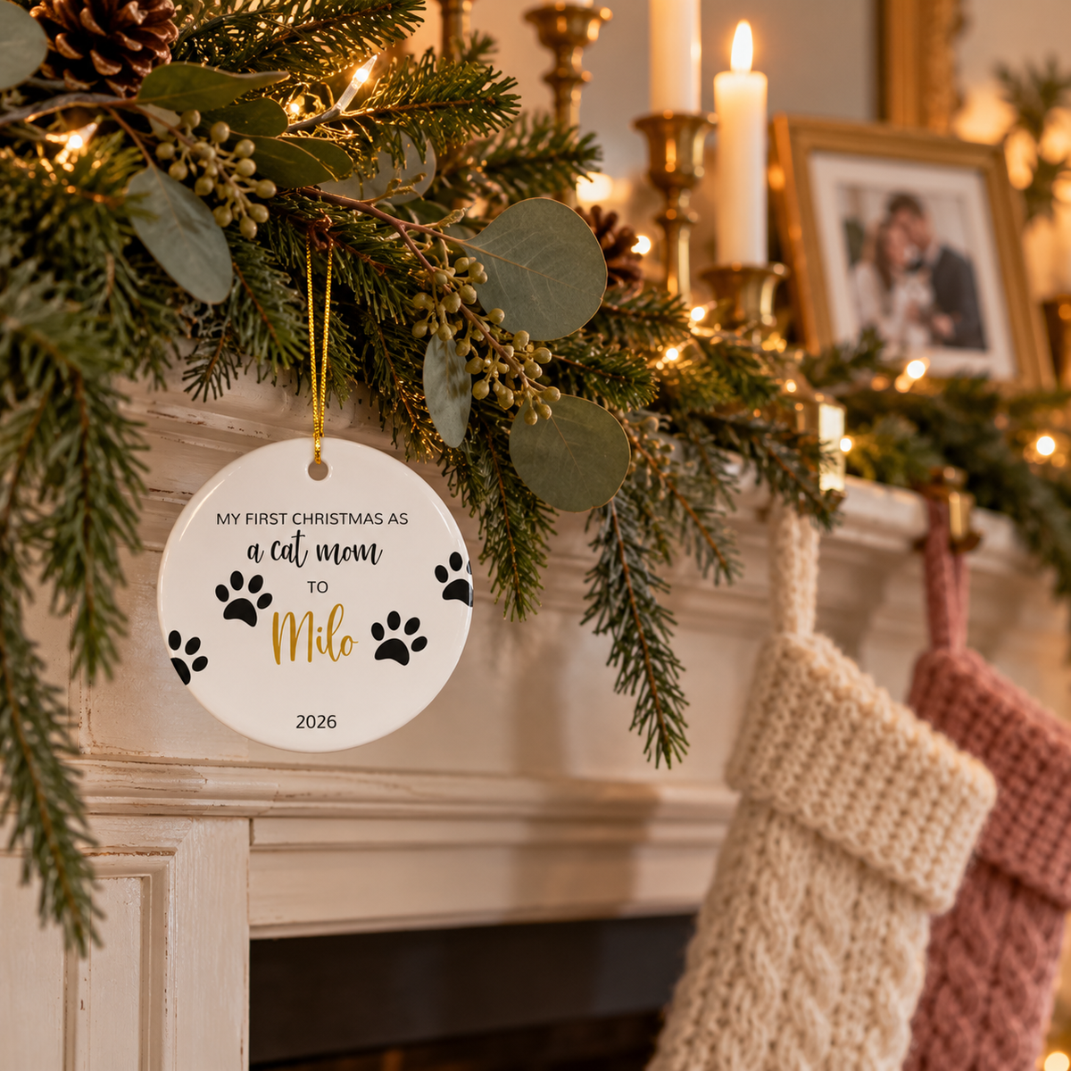 Personalized cat mom first Christmas ornament with paw prints and gold script name on a fireplace garland with stockings