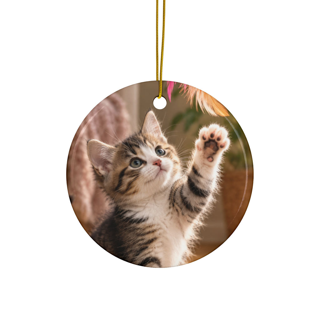 Photo side of the personalized cat mom first Christmas ornament with paw prints and gold script name, showing a cat photo