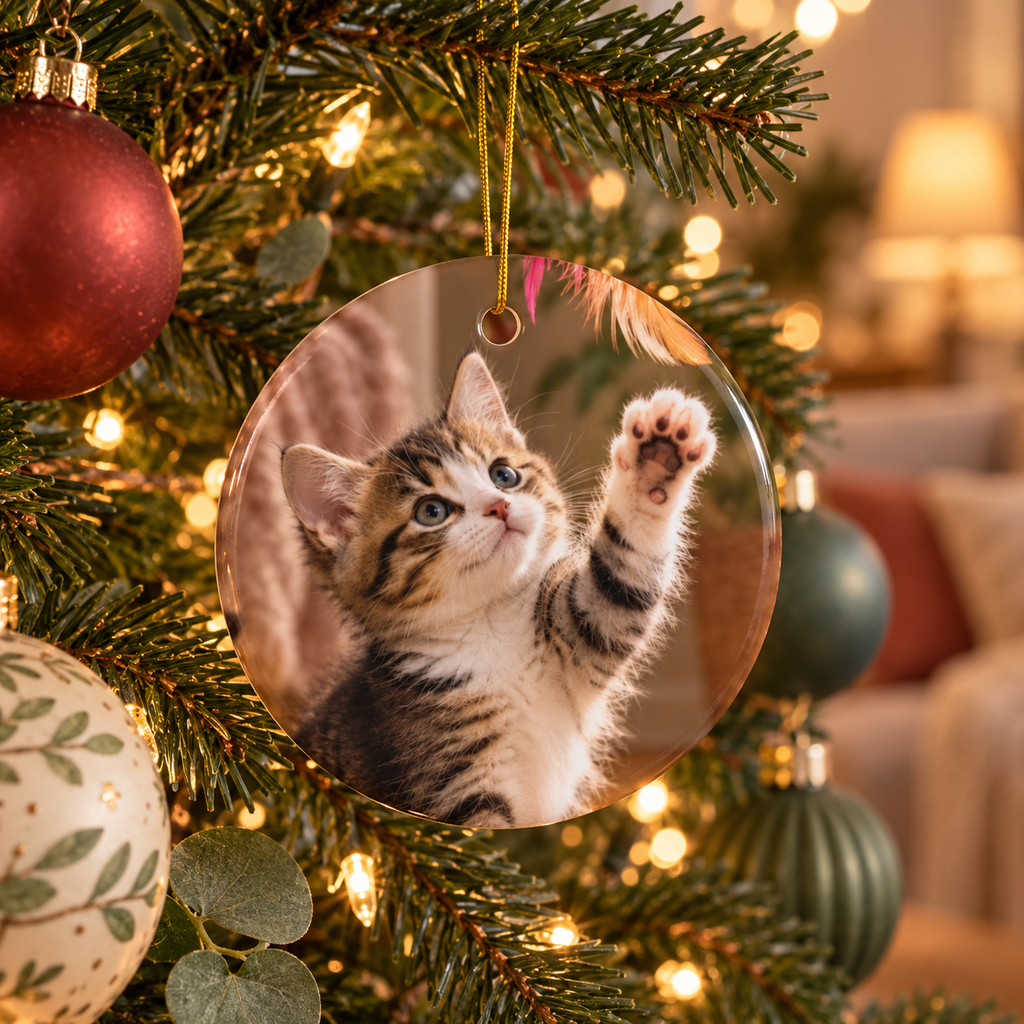 Photo side of the personalized cat mom first Christmas ornament with paw prints and gold script name hanging on a Christmas tree