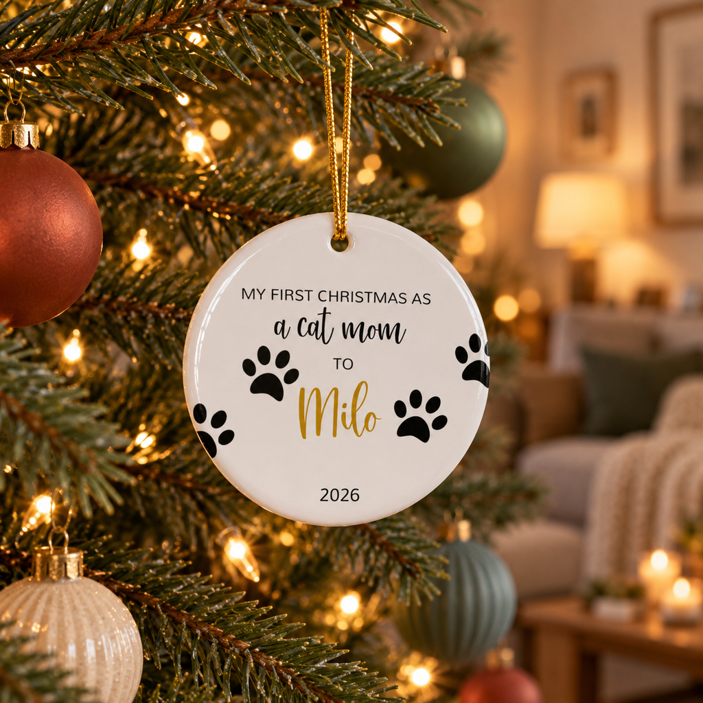 Personalized cat mom first Christmas ornament with paw prints and gold script name hanging on a Christmas tree