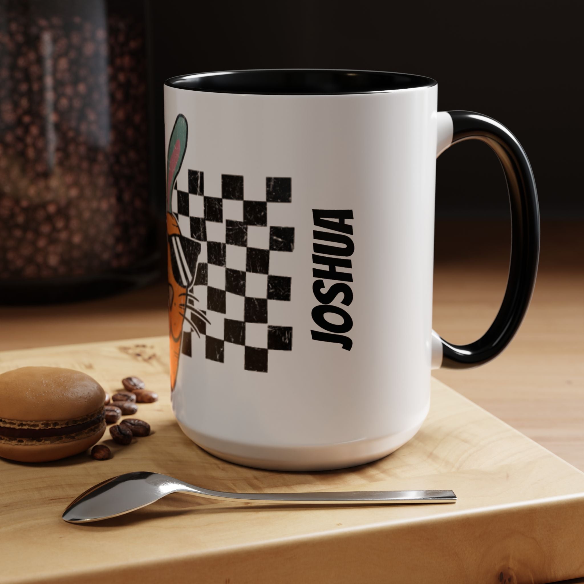Close-up of Carrot Bunny mug design - distressed checkerboard with retro character in sunglasses