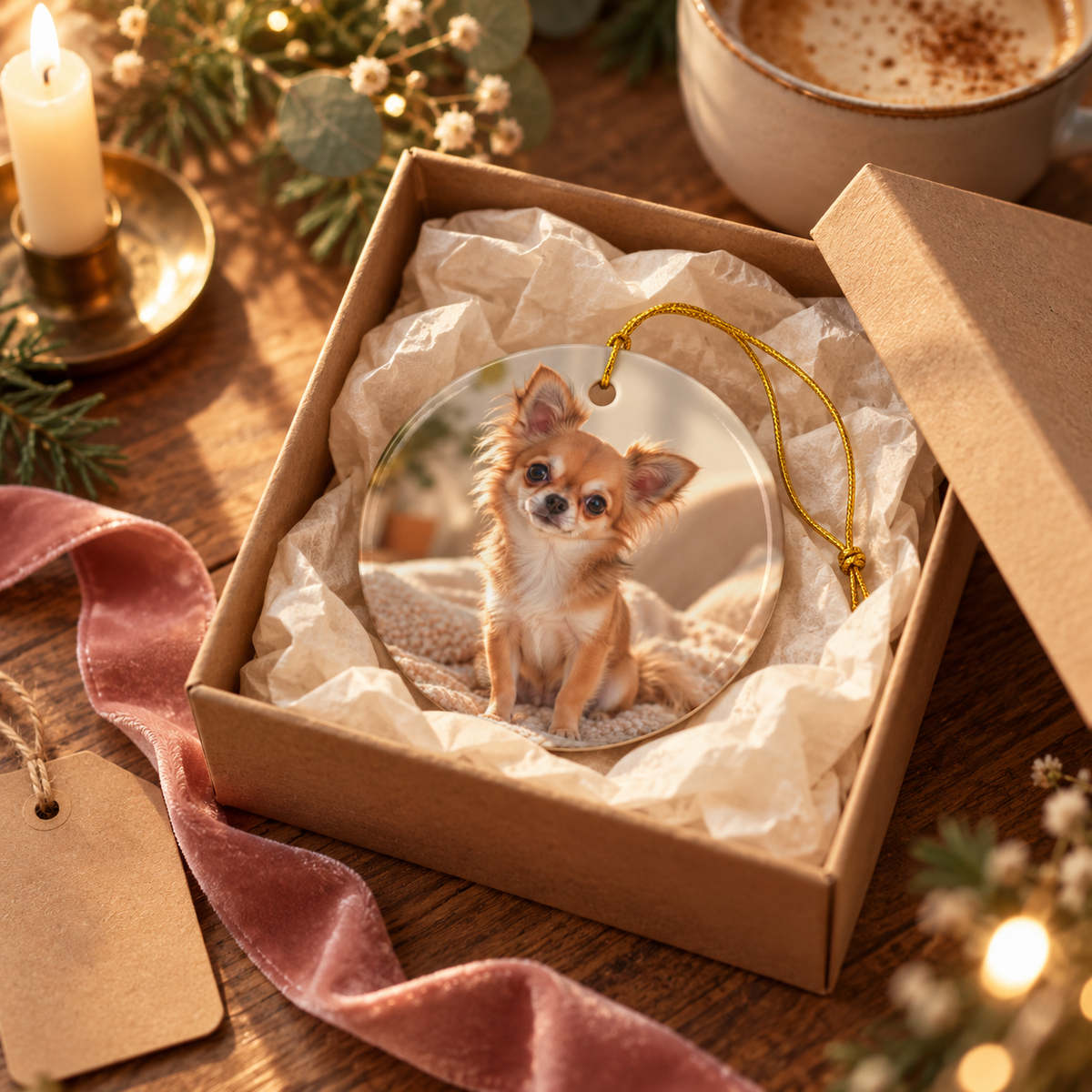 Photo side of the personalized dog mom first Christmas ornament with paw print and black script name in a gift box