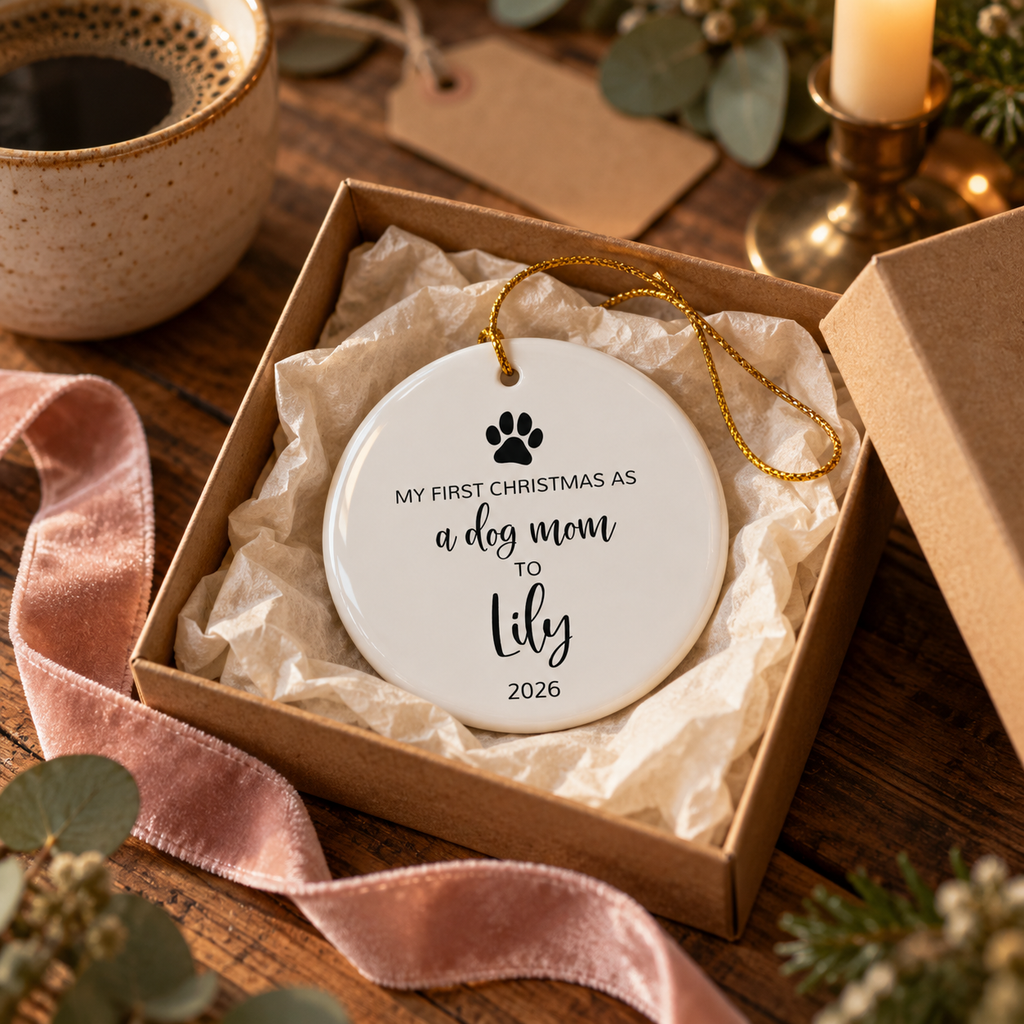 Personalized dog mom first Christmas ornament with paw print and black script name in a gift box with tissue paper