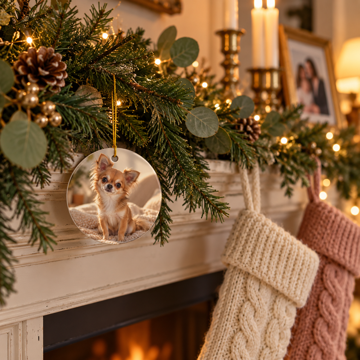 Photo side of the personalized dog mom first Christmas ornament with paw print and black script name on a fireplace garland