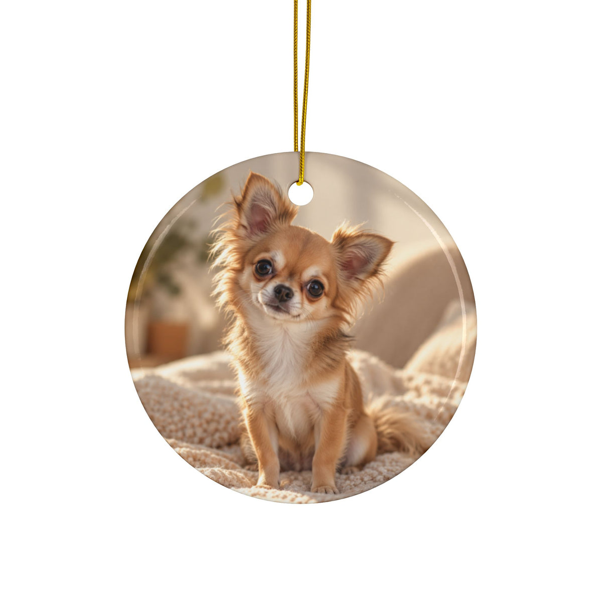 Photo side of the personalized dog mom first Christmas ornament with paw print and black script name, showing a dog photo