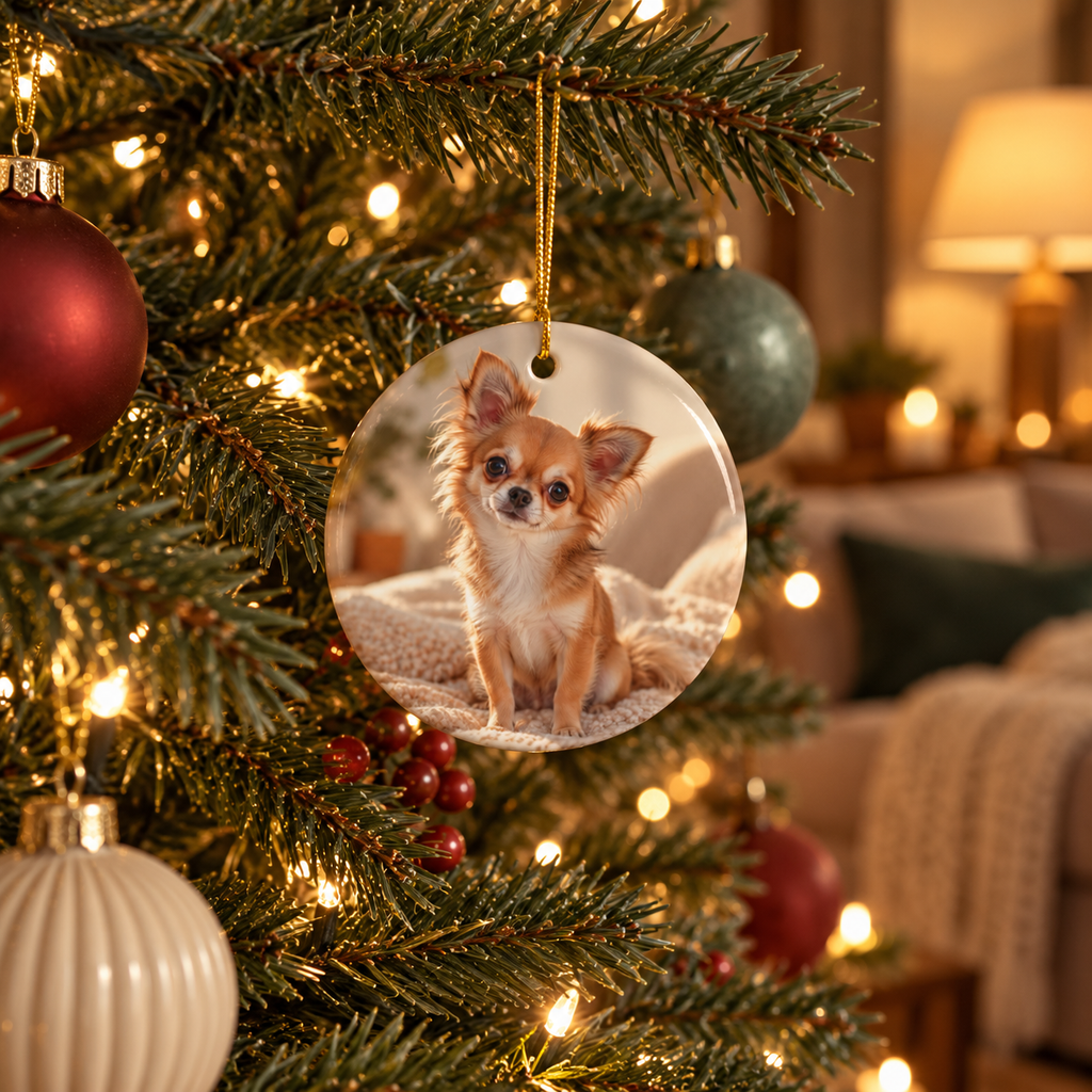 Photo side of the personalized dog mom first Christmas ornament with paw print and black script name hanging on a Christmas tree