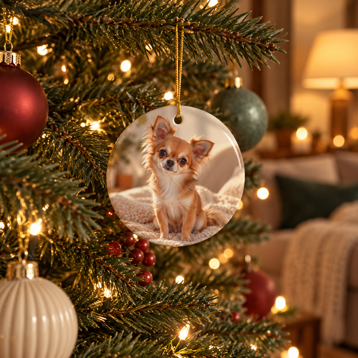 Photo side of the personalized dog mom first Christmas ornament with paw print and black script name hanging on a Christmas tree