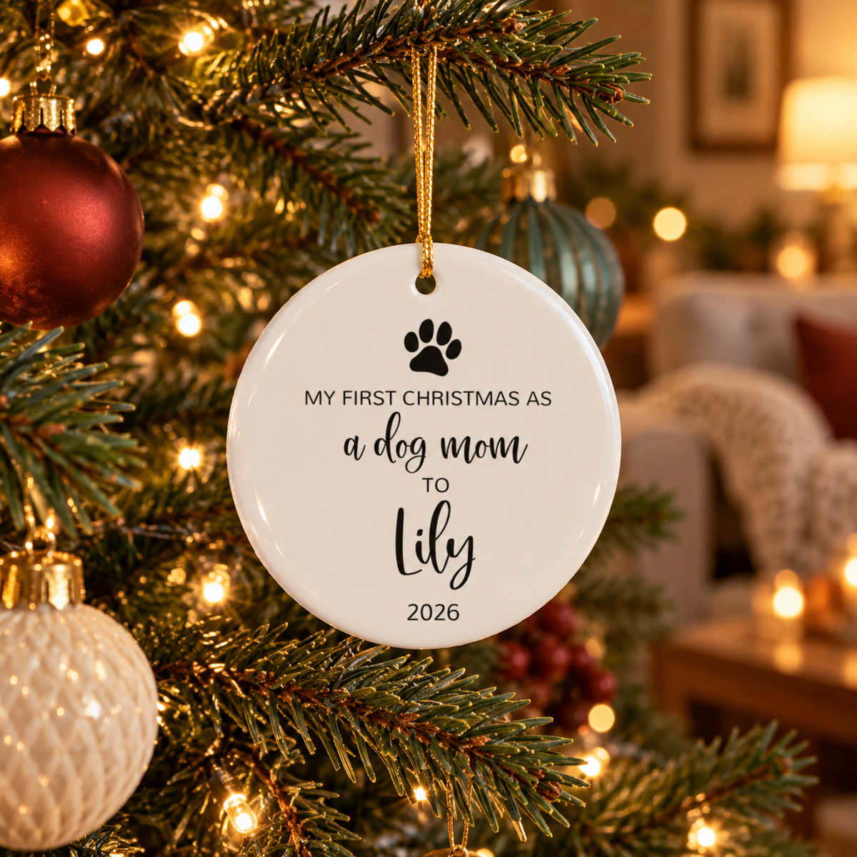 Personalized dog mom first Christmas ornament with paw print and black script name hanging on a Christmas tree