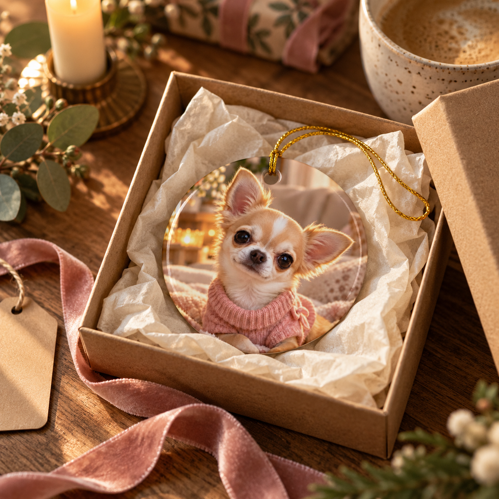 Photo side of the personalized dog mom first Christmas ornament with paw print and gold script name in a gift box
