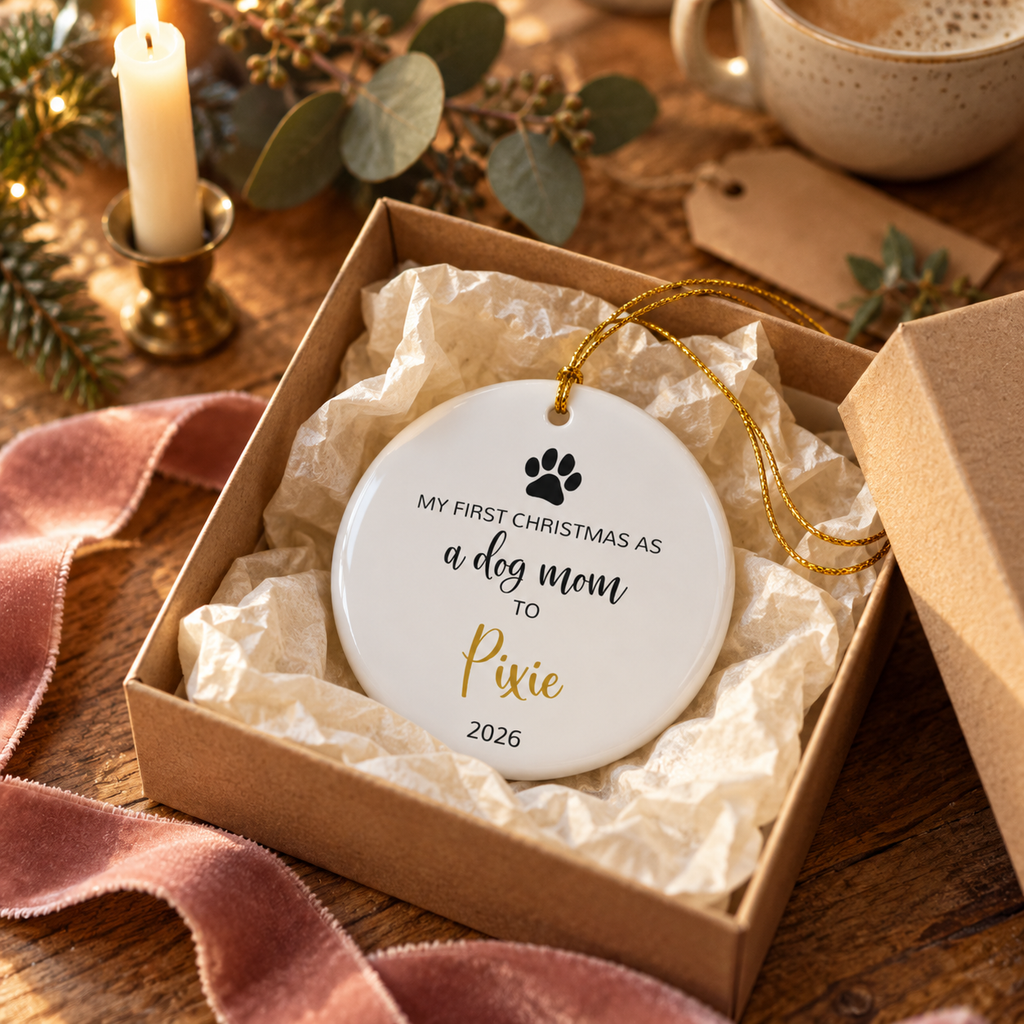 Personalized dog mom first Christmas ornament with paw print and gold script name in a gift box with tissue paper