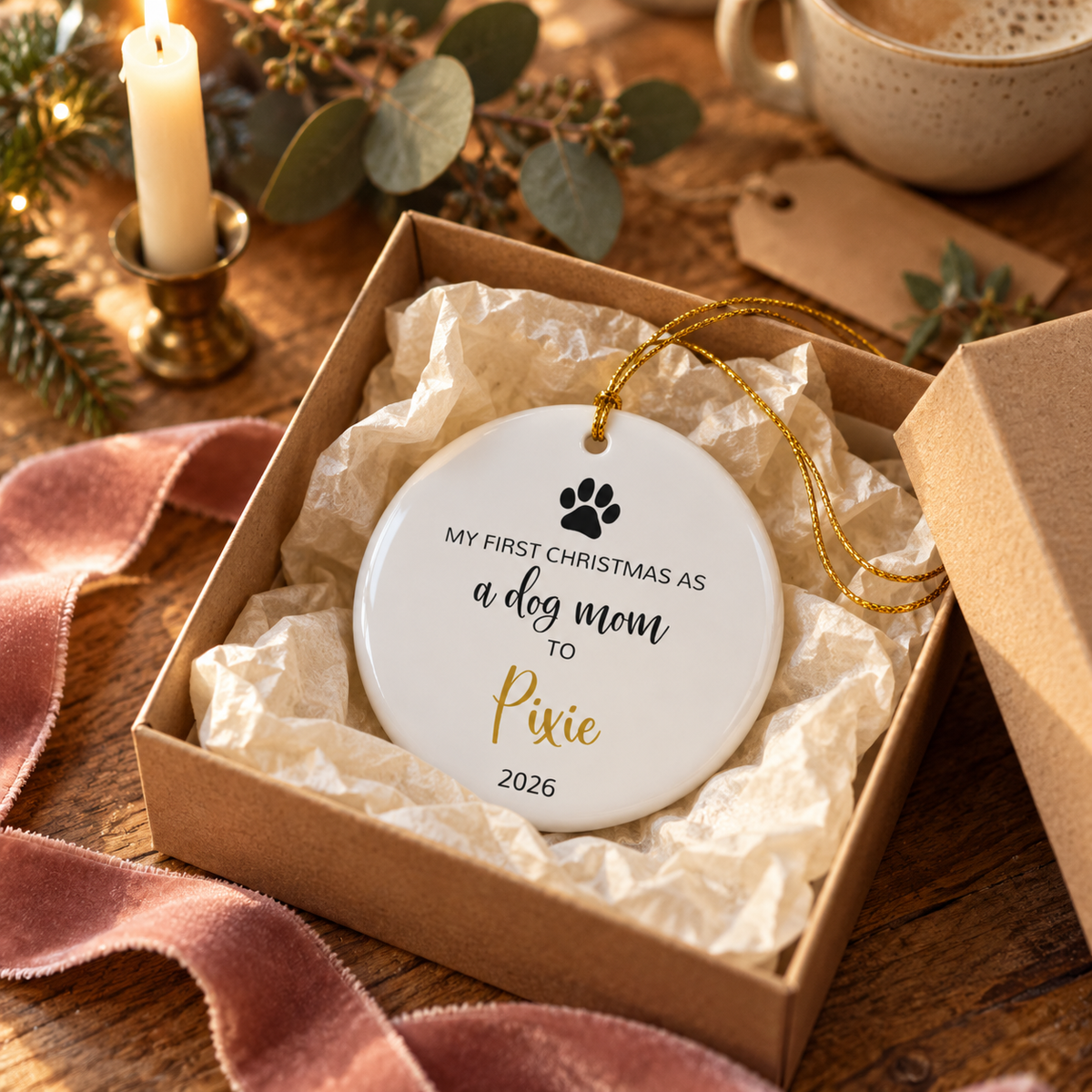 Personalized dog mom first Christmas ornament with paw print and gold script name in a gift box with tissue paper