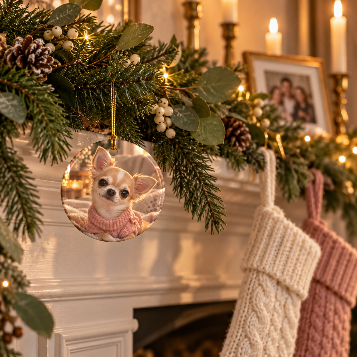 Photo side of the personalized dog mom first Christmas ornament with paw print and gold script name on a fireplace garland