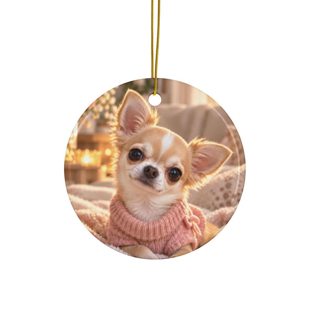 Photo side of the personalized dog mom first Christmas ornament with paw print and gold script name, showing a dog photo