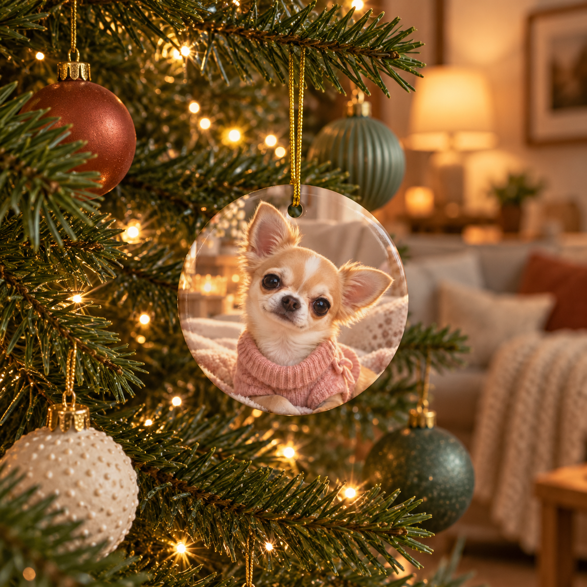 Photo side of the personalized dog mom first Christmas ornament with paw print and gold script name hanging on a Christmas tree