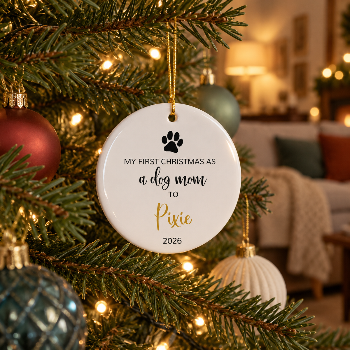Personalized dog mom first Christmas ornament with paw print and gold script name hanging on a Christmas tree