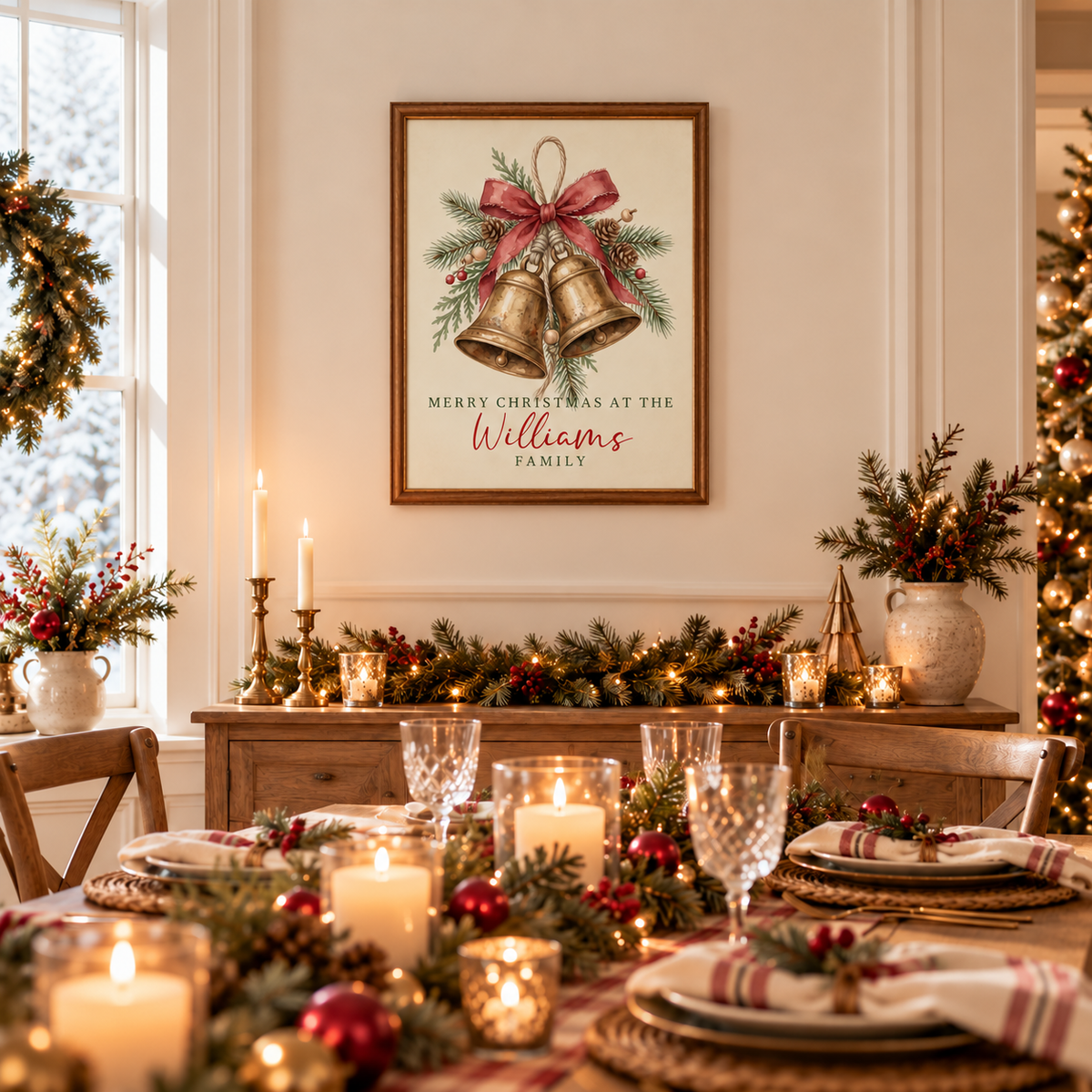 Framed brass bells family Christmas poster on a dining room wall above a festive table with candles