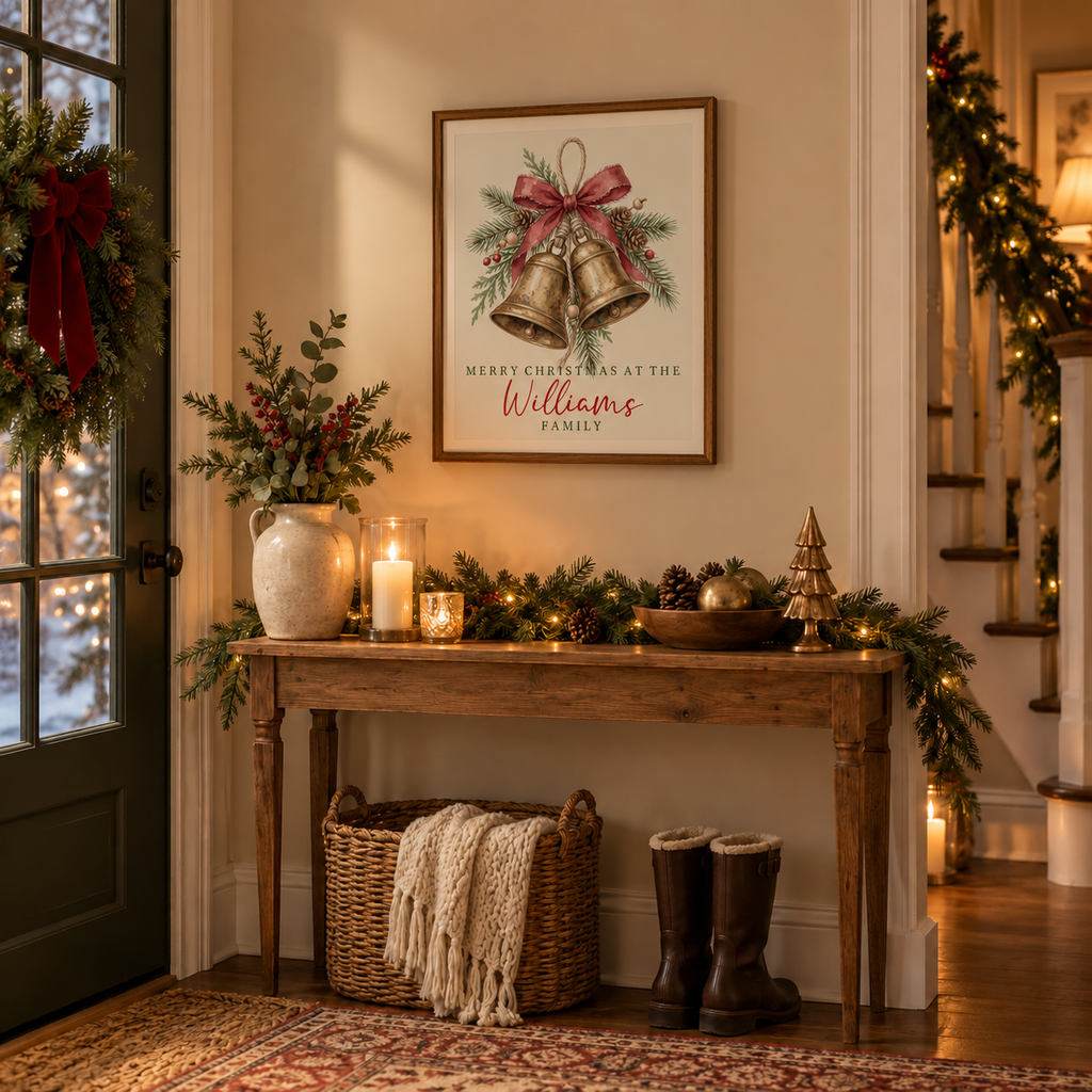 Personalized brass bells family Christmas poster in a festive entryway above a console table