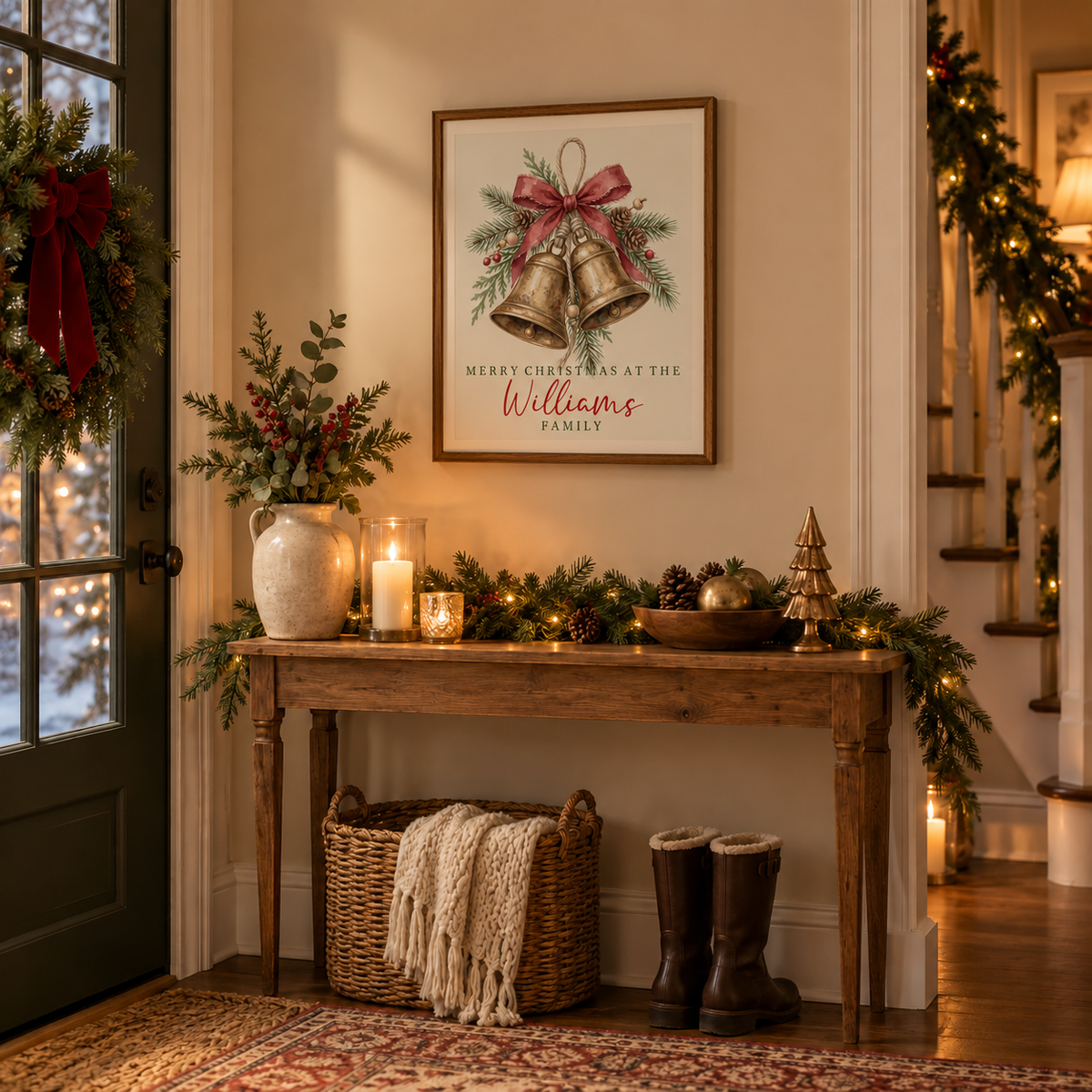 Personalized brass bells family Christmas poster in a festive entryway above a console table