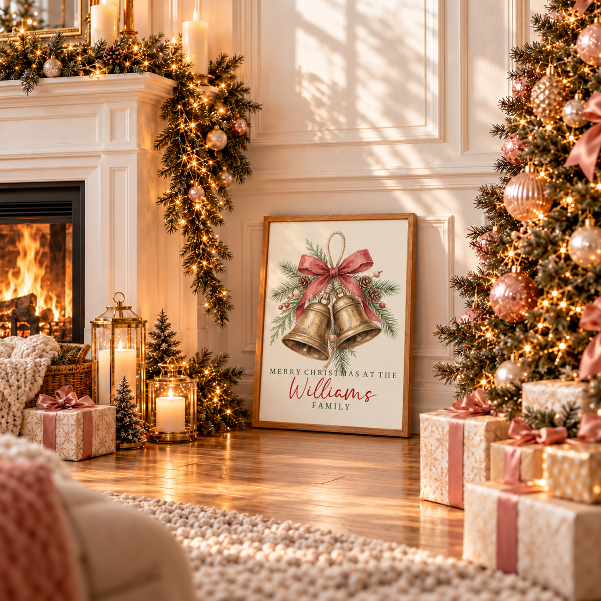 Framed brass bells family Christmas poster leaning by a fireplace with wrapped gifts and a Christmas tree