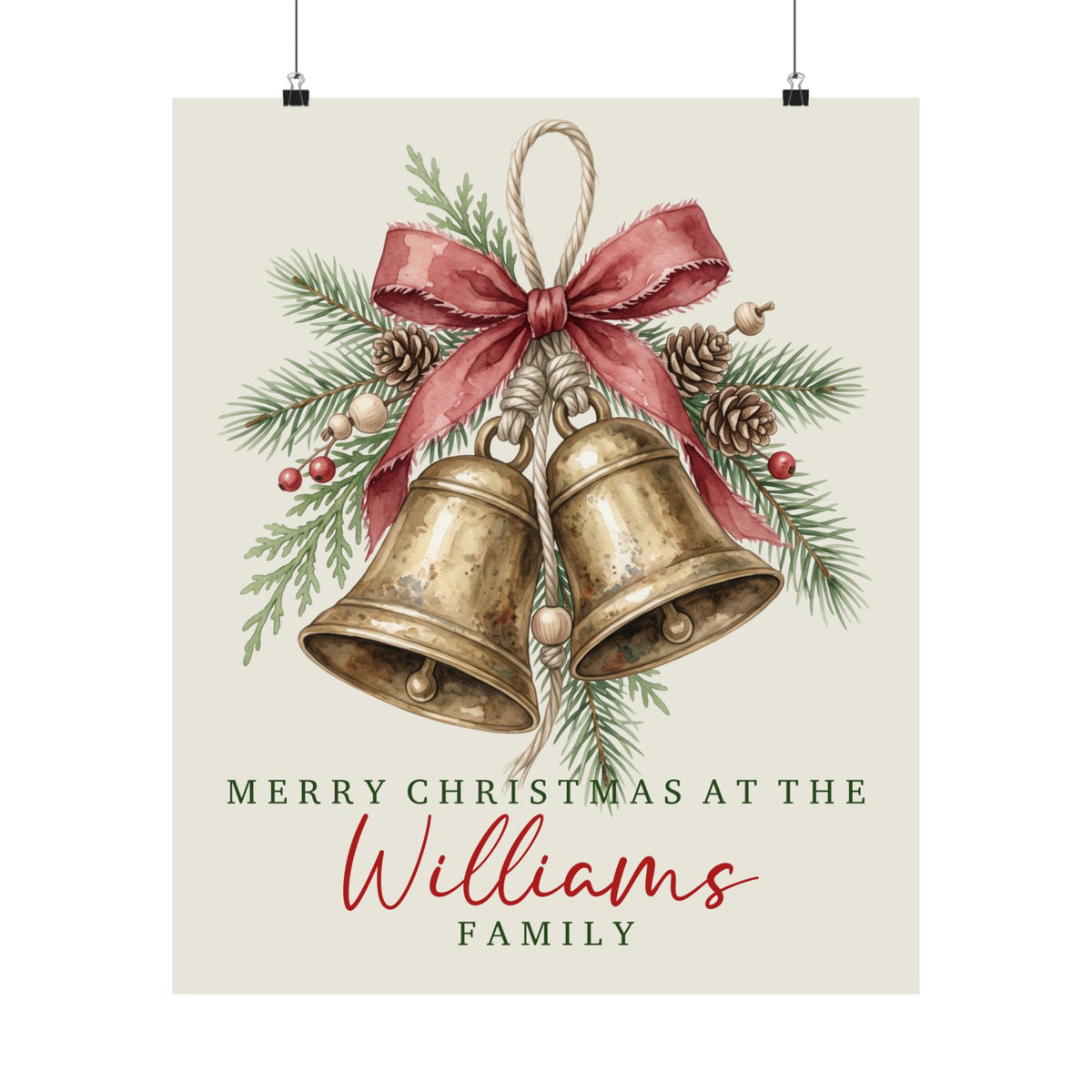 Unframed brass bells family Christmas poster hanging on a wall, print preview