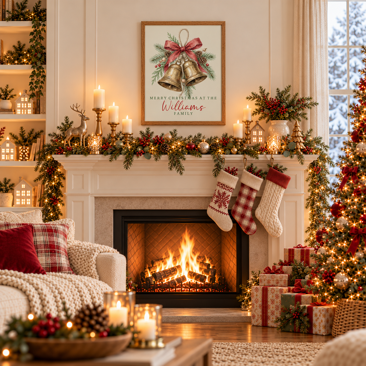 Brass bells family Christmas poster above a fireplace mantel with stockings and garland