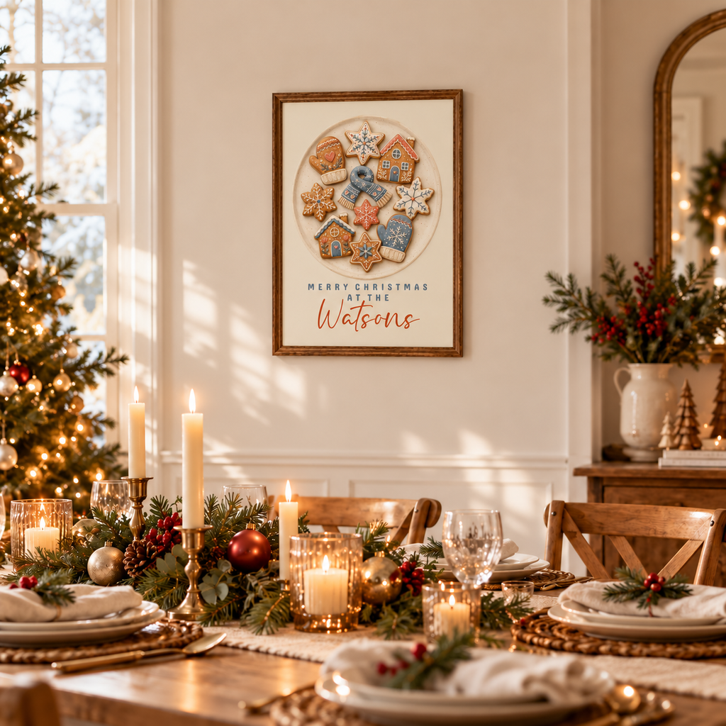 Framed Christmas cookies family poster on a dining room wall above a festive table with candles
