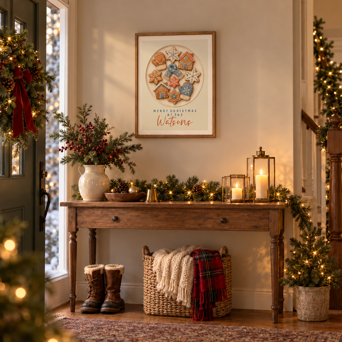 Personalized Christmas cookies family poster in a festive entryway above a console table