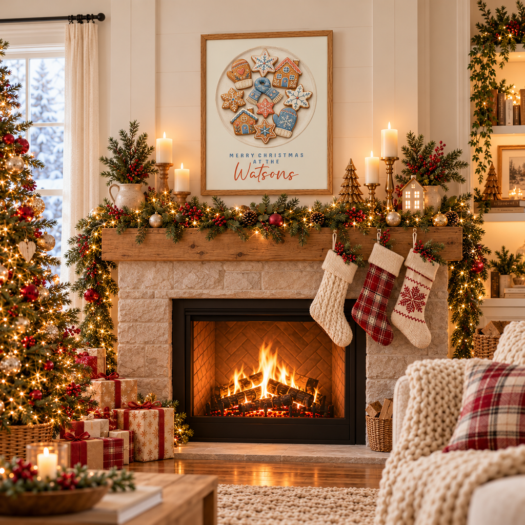 Christmas cookies family poster above a fireplace mantel with stockings and garland