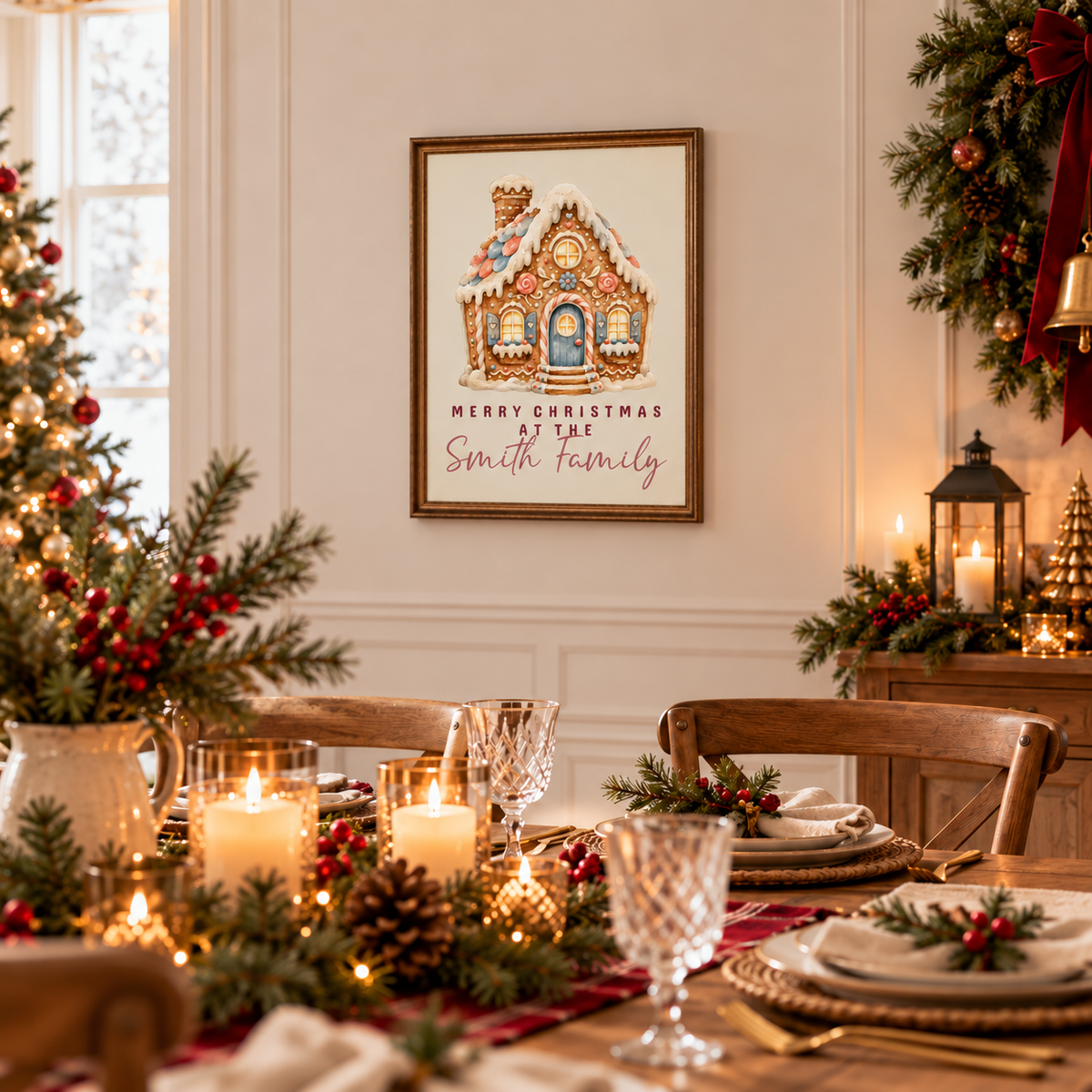 Framed gingerbread house family Christmas poster on a dining room wall above a festive table with candles
