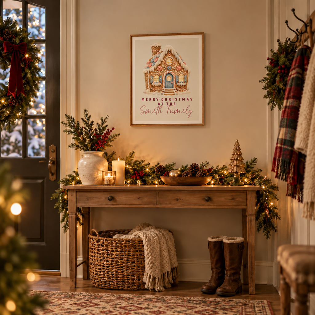 Personalized gingerbread house family Christmas poster in a festive entryway above a console table