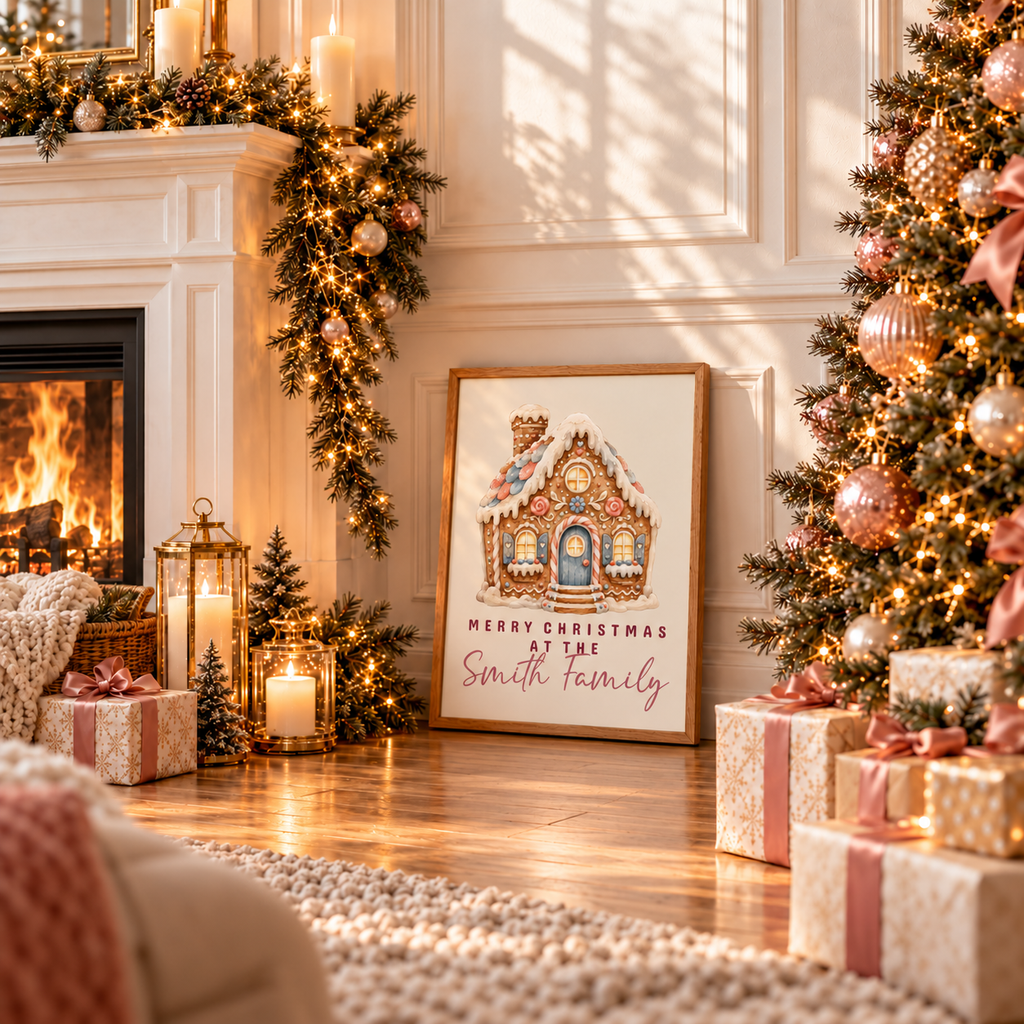 Framed gingerbread house family Christmas poster leaning by a fireplace with wrapped gifts and a Christmas tree
