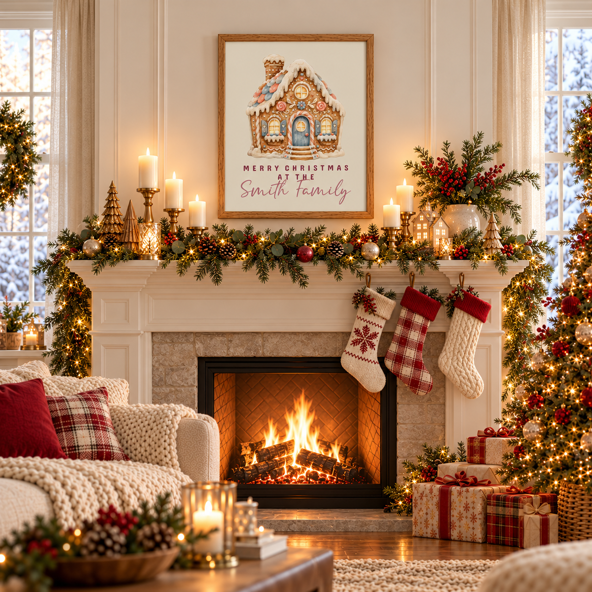 Gingerbread house family Christmas poster above a fireplace mantel with stockings and garland