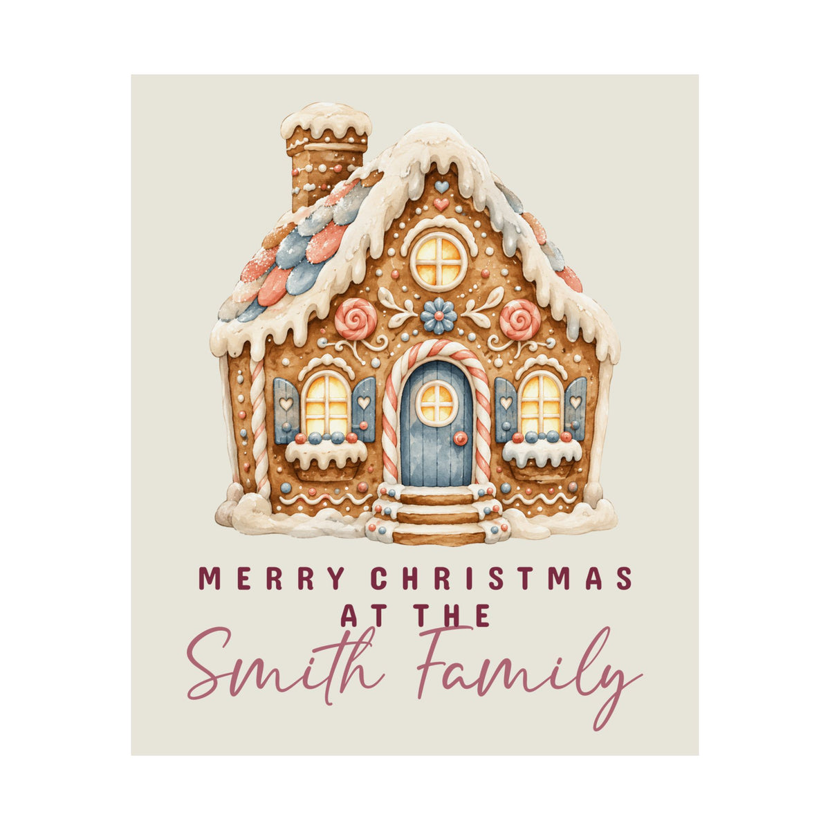 Personalized gingerbread house family Christmas poster with custom family name