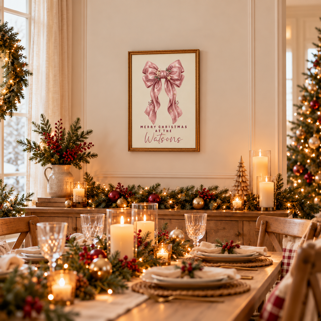 Framed pink bow family Christmas poster on a dining room wall above a festive table with candles