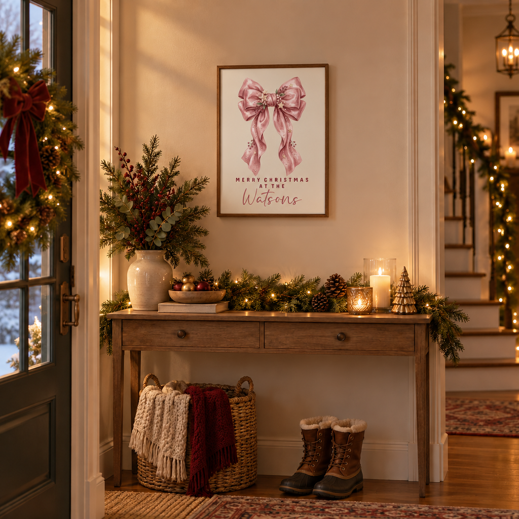 Personalized pink bow family Christmas poster in a festive entryway above a console table