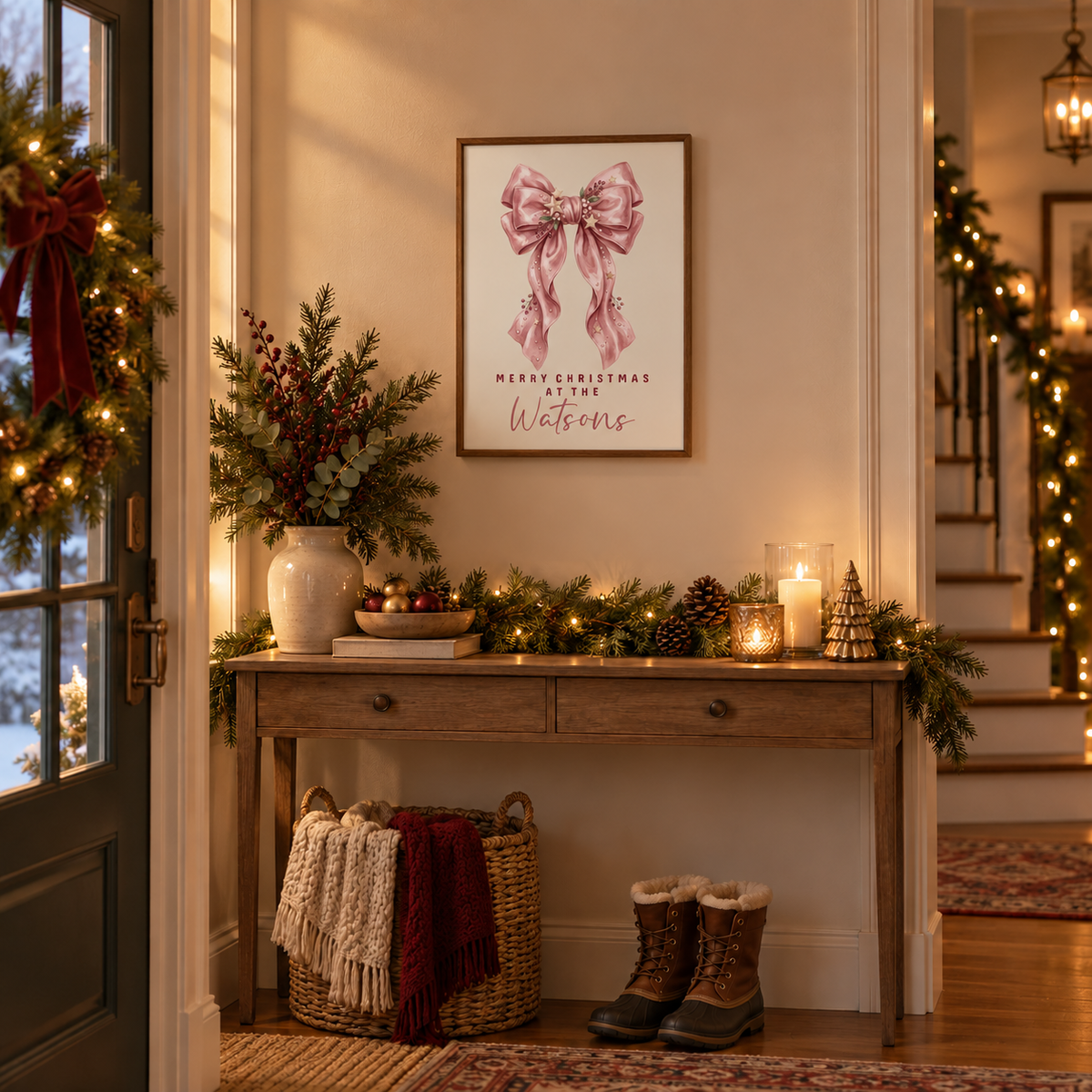 Personalized pink bow family Christmas poster in a festive entryway above a console table