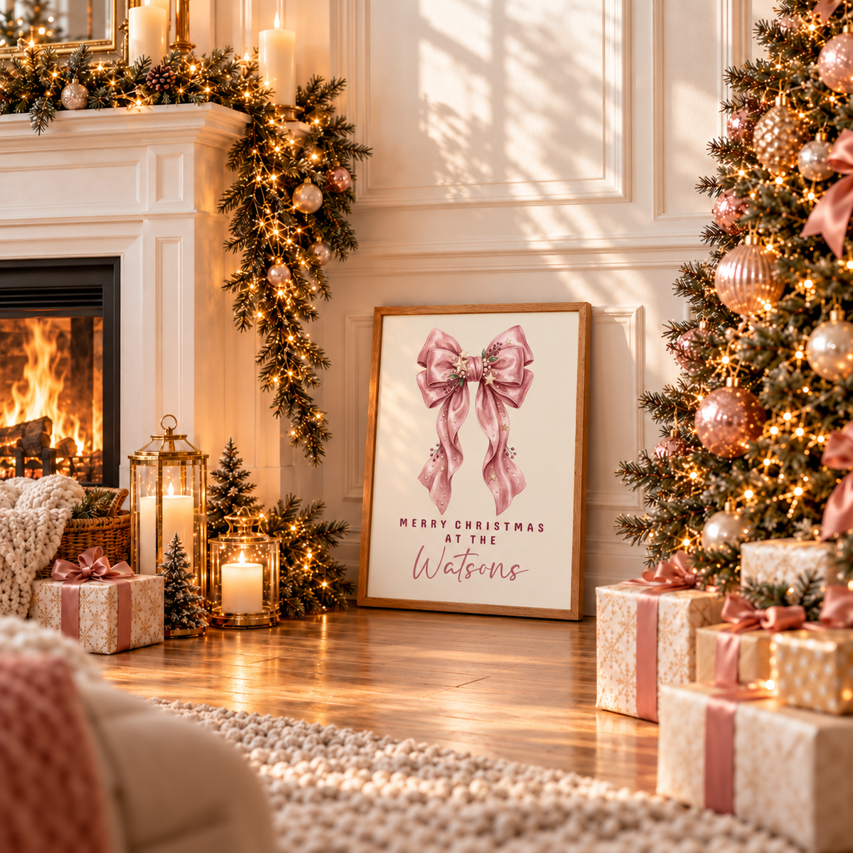 Framed pink bow family Christmas poster leaning by a fireplace with wrapped gifts and a Christmas tree