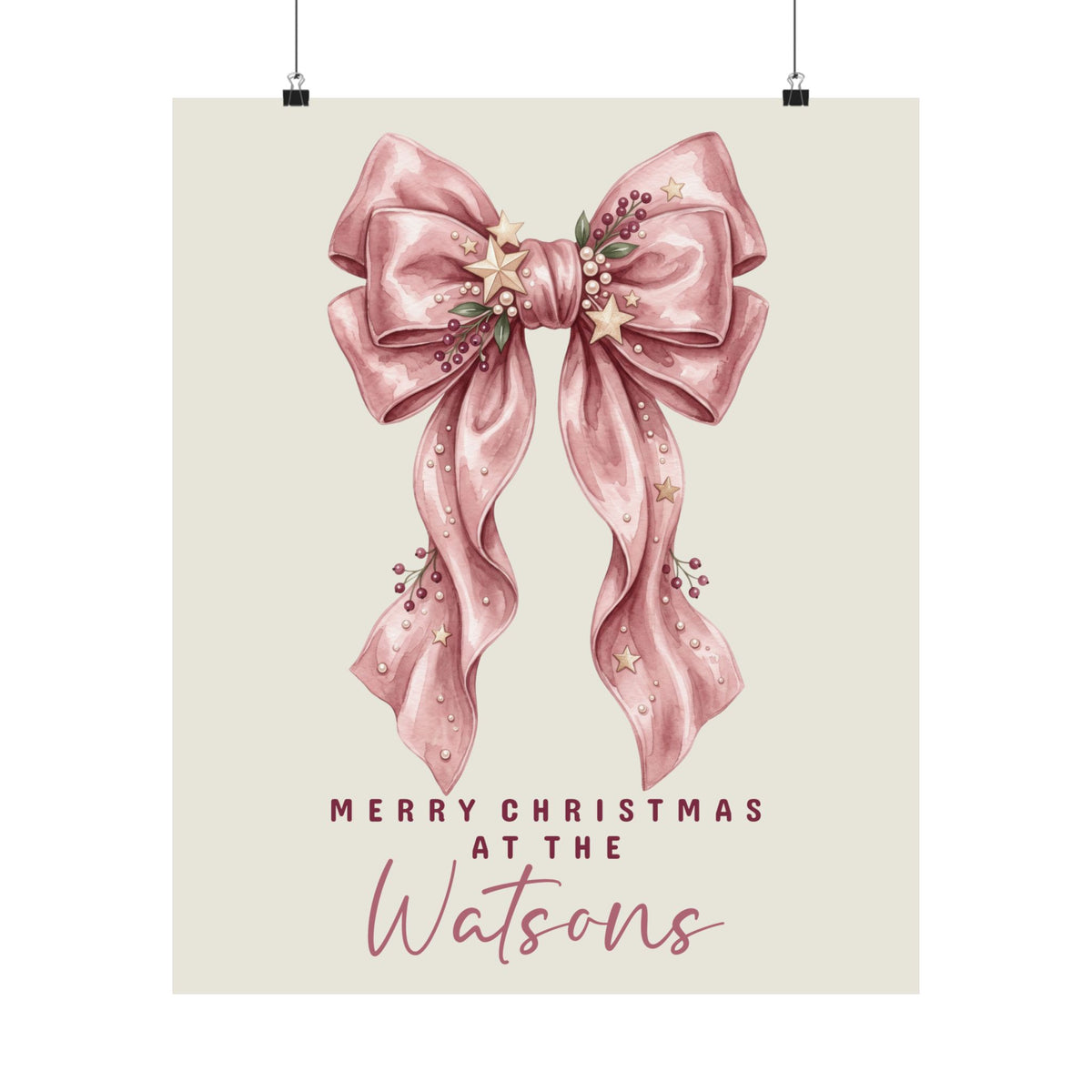 Unframed pink bow family Christmas poster hanging on a wall, print preview