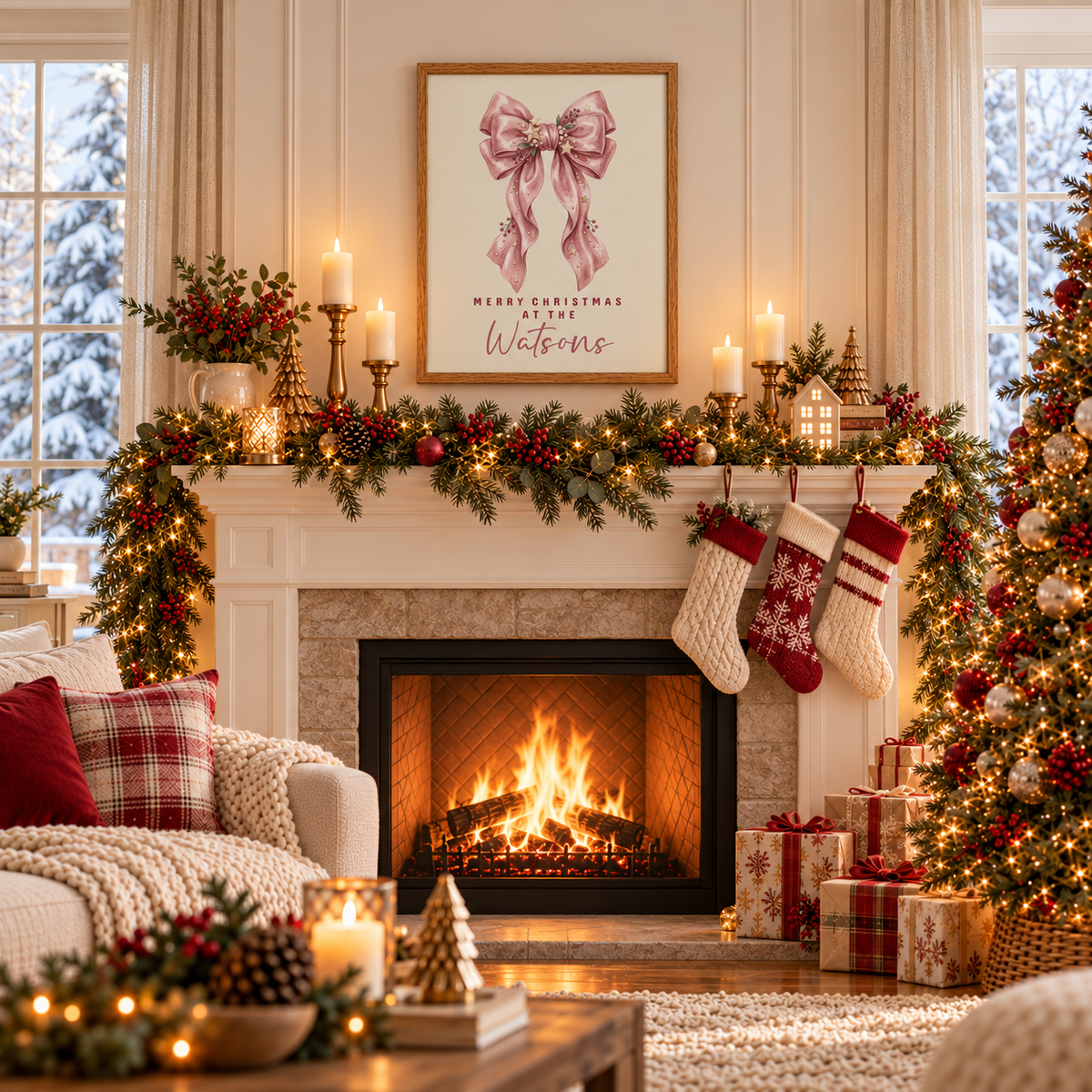 Pink bow family Christmas poster above a fireplace mantel with stockings and garland