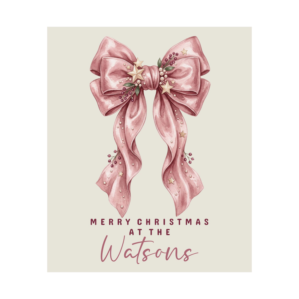 Personalized pink bow family Christmas poster with custom family name