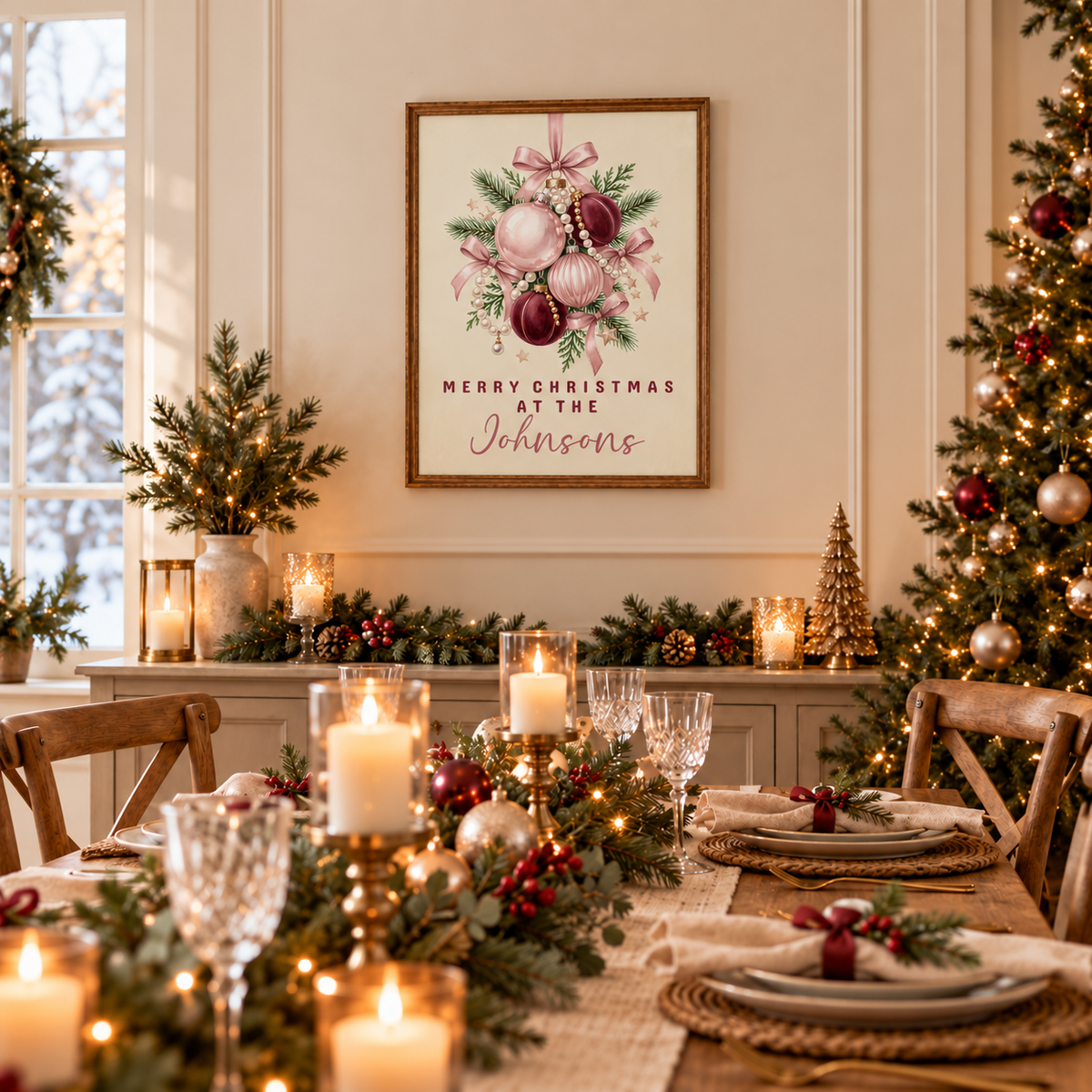 Framed pink ornaments family Christmas poster on a dining room wall above a festive table with candles