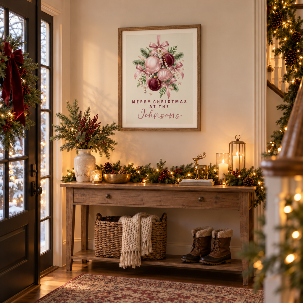 Personalized pink ornaments family Christmas poster in a festive entryway above a console table