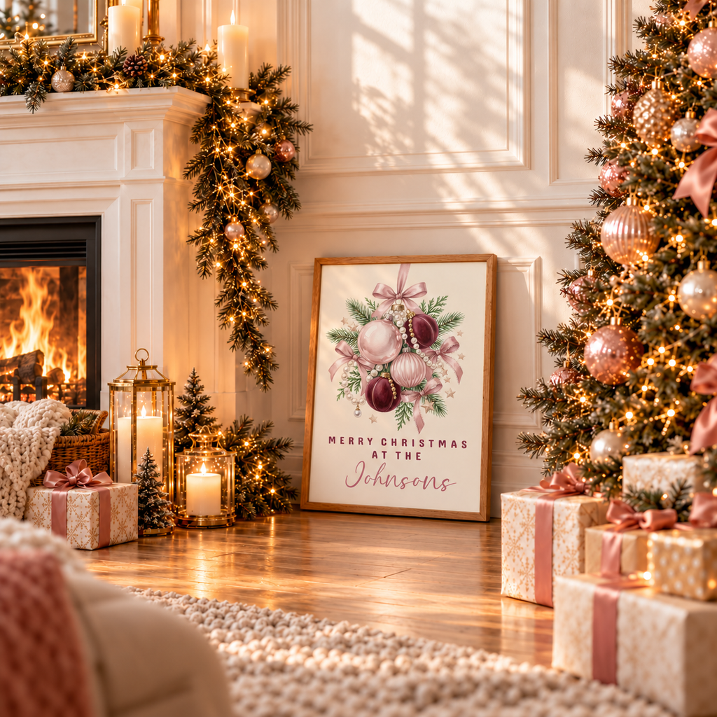 Framed pink ornaments family Christmas poster leaning by a fireplace with wrapped gifts and a Christmas tree