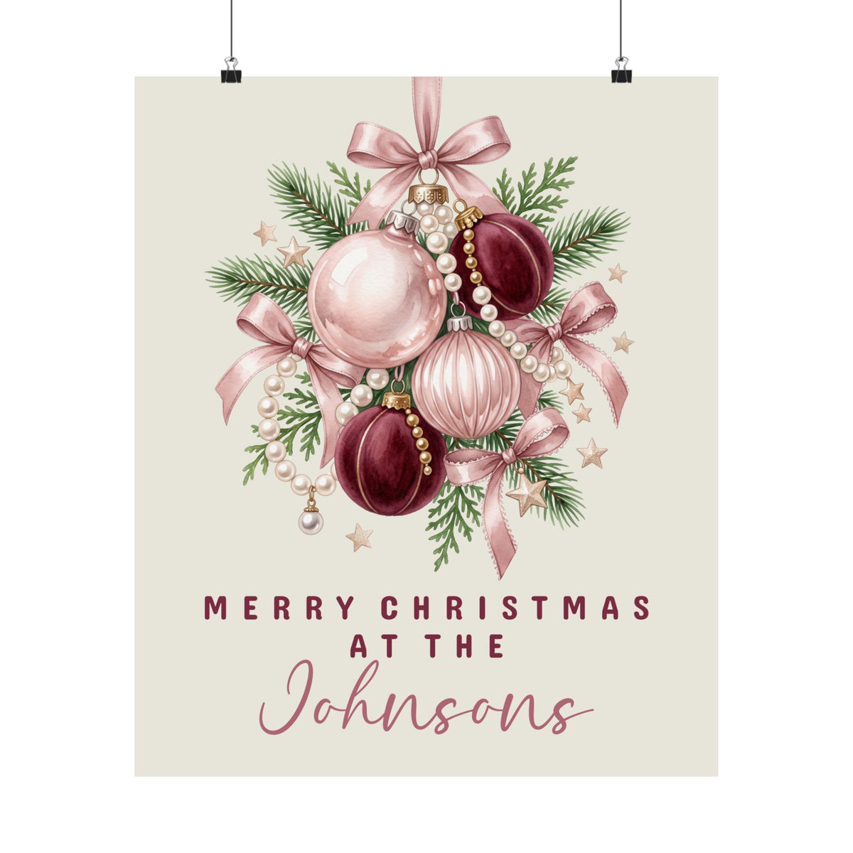 Unframed pink ornaments family Christmas poster hanging on a wall, print preview