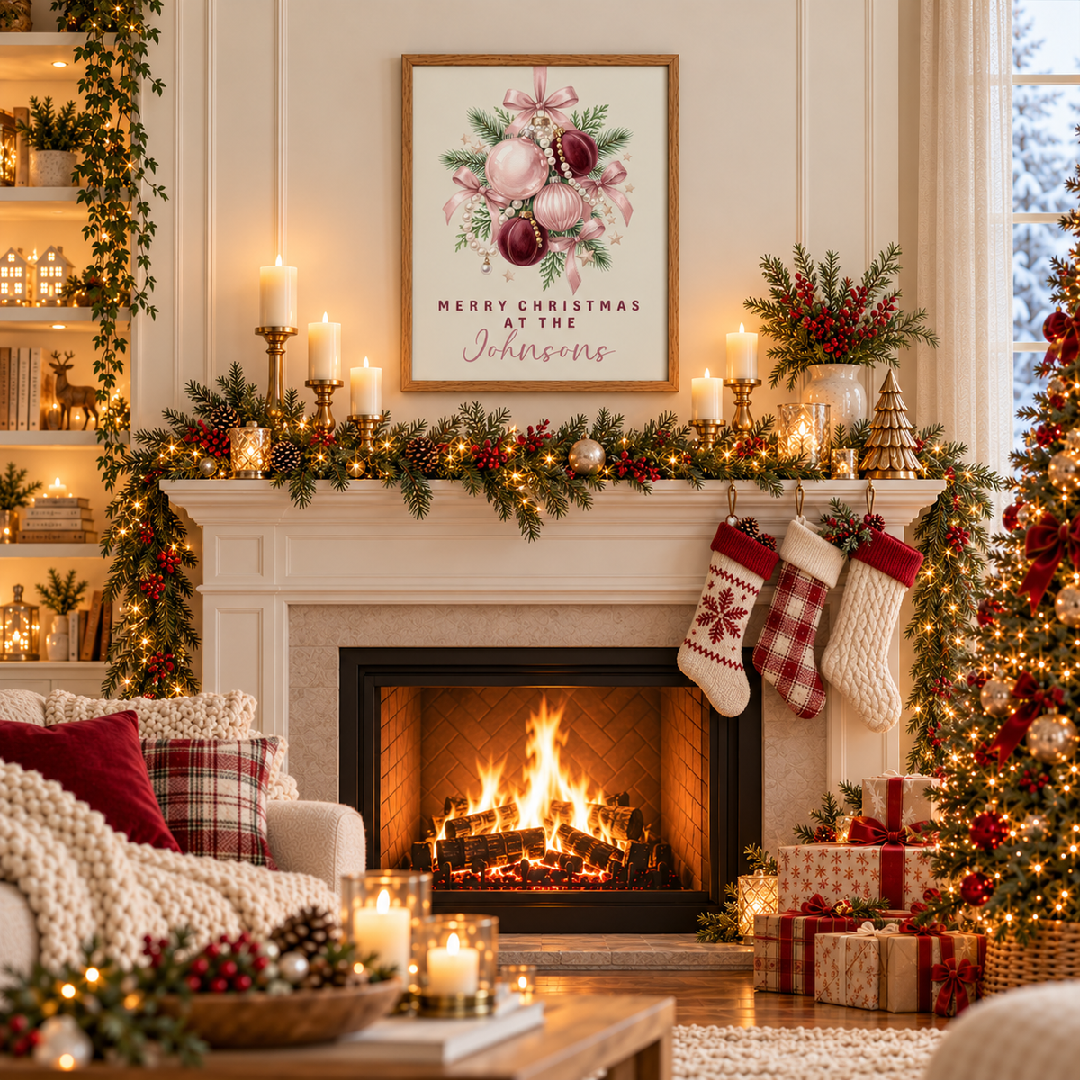 Pink ornaments family Christmas poster above a fireplace mantel with stockings and garland