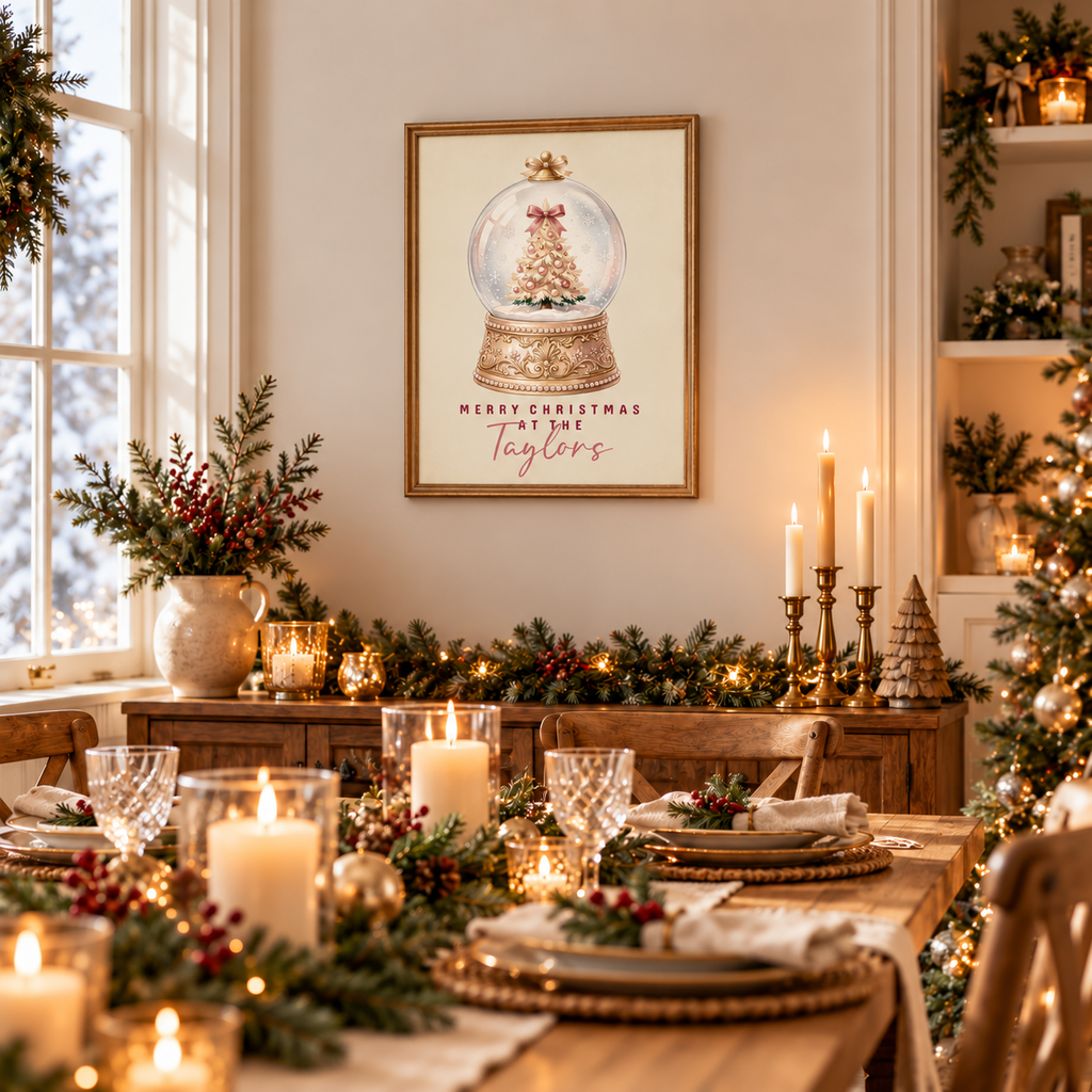 Framed vintage snow globe family Christmas poster on a dining room wall above a festive table with candles