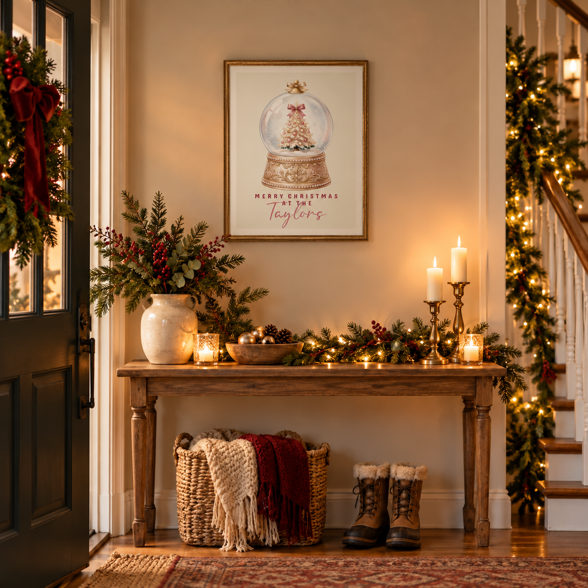 Personalized vintage snow globe family Christmas poster in a festive entryway above a console table