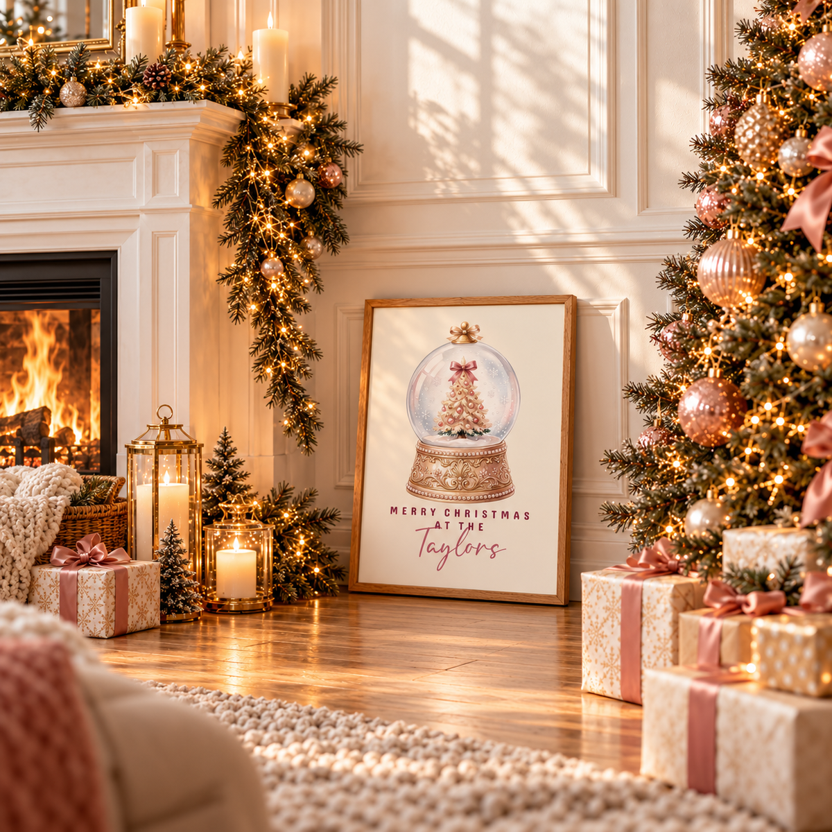 Framed vintage snow globe family Christmas poster leaning by a fireplace with wrapped gifts and a Christmas tree