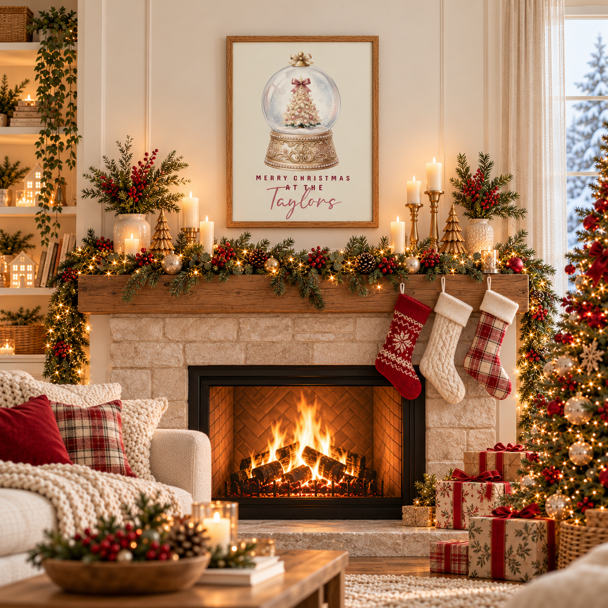 Vintage snow globe family Christmas poster above a fireplace mantel with stockings and garland