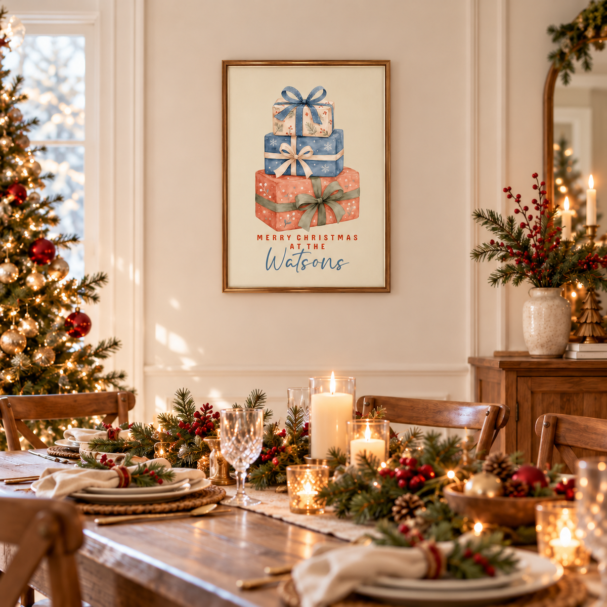 Framed stacked gifts family Christmas poster on a dining room wall above a festive table with candles